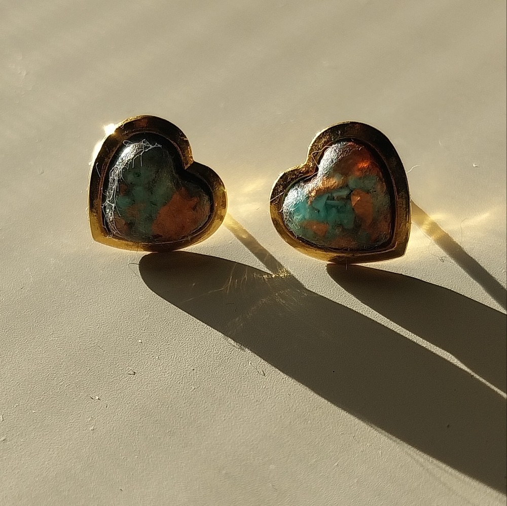 Vintage Heart-Shaped Gold and Turquoise Earrings